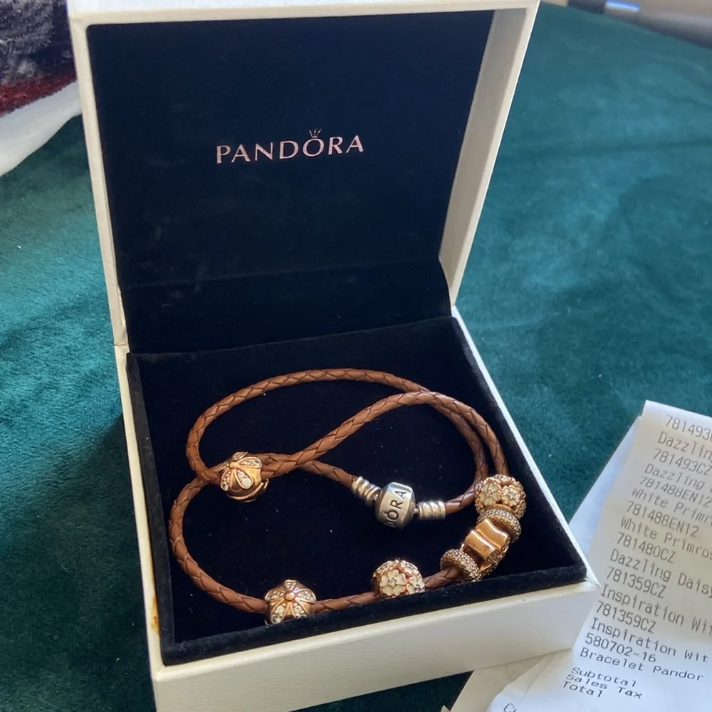 NWT 626 PANDORA  on the  Brown leather  Bracelet &  7 prices  of charm - Picture 2 of 16